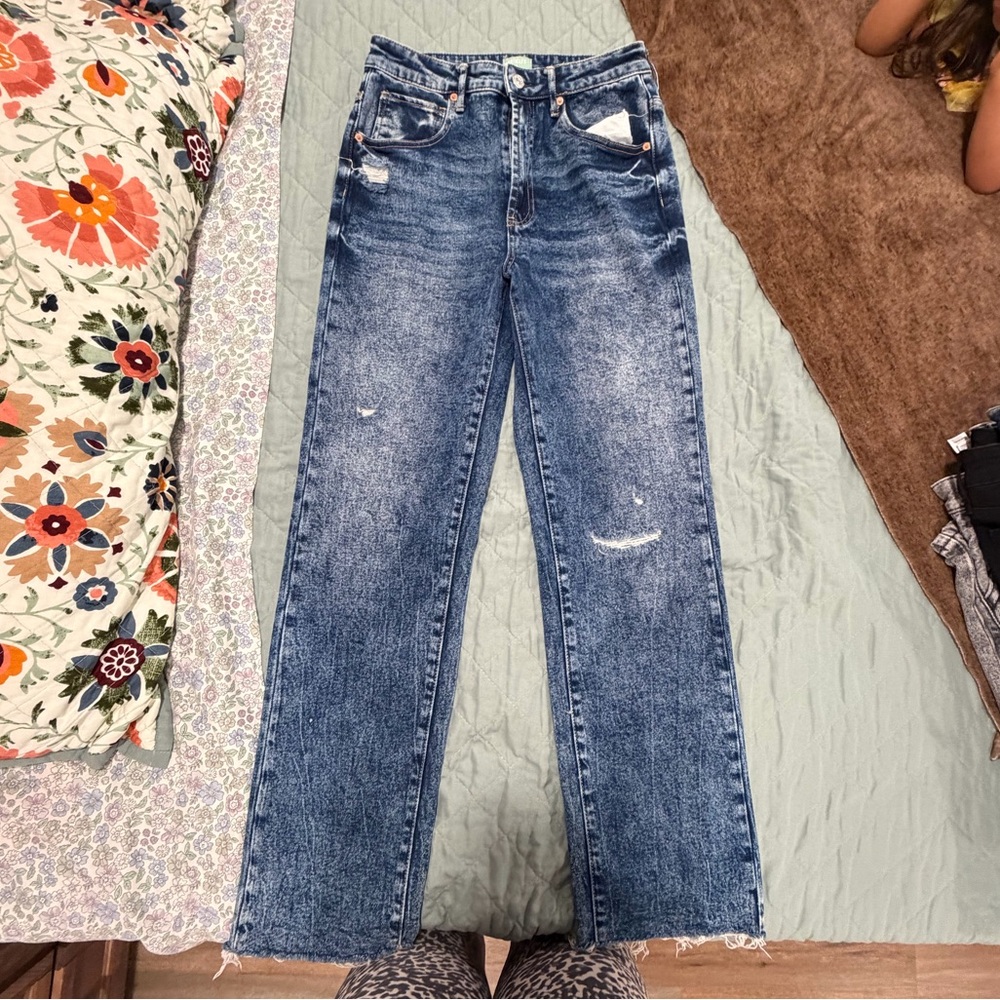 Mid-Blue Straight Leg Distressed Jeans